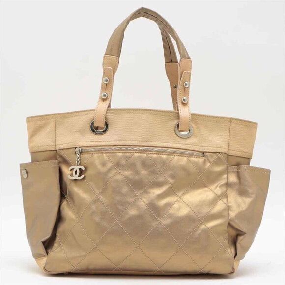 Chanel Paris Biarritz GM Coated Canvas Tote Bag Gold SilverMetal - Picture 1 of 13